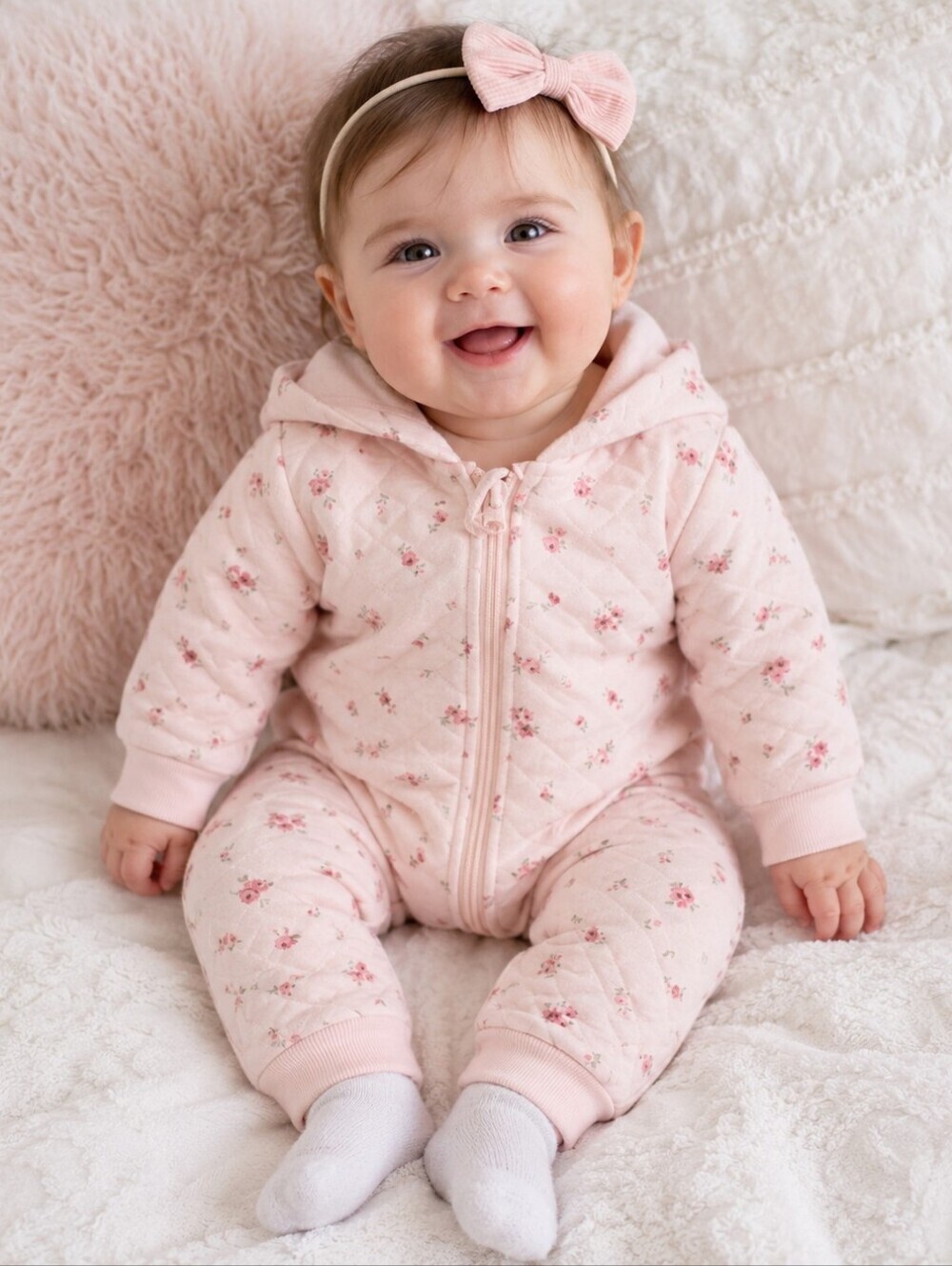 First Wish Baby Pink Floral Quilted Hooded Romper 3-6 Months Cottagecore